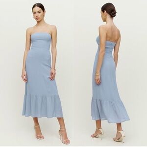 Reformation Strapless Midi Dress in Light Blue